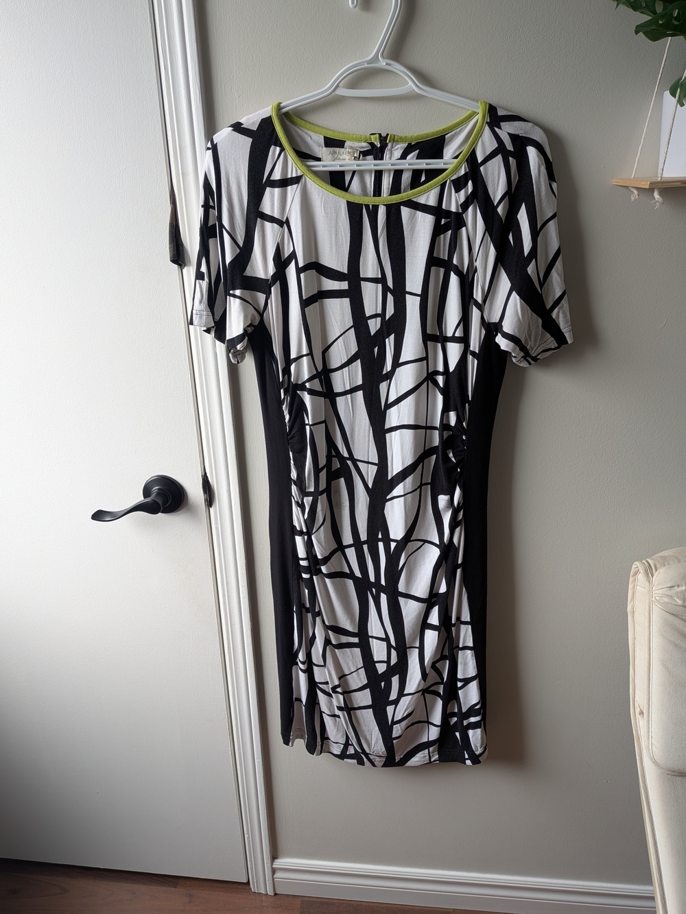 Apanage Black & White Abstract Dress with Lime Neckline